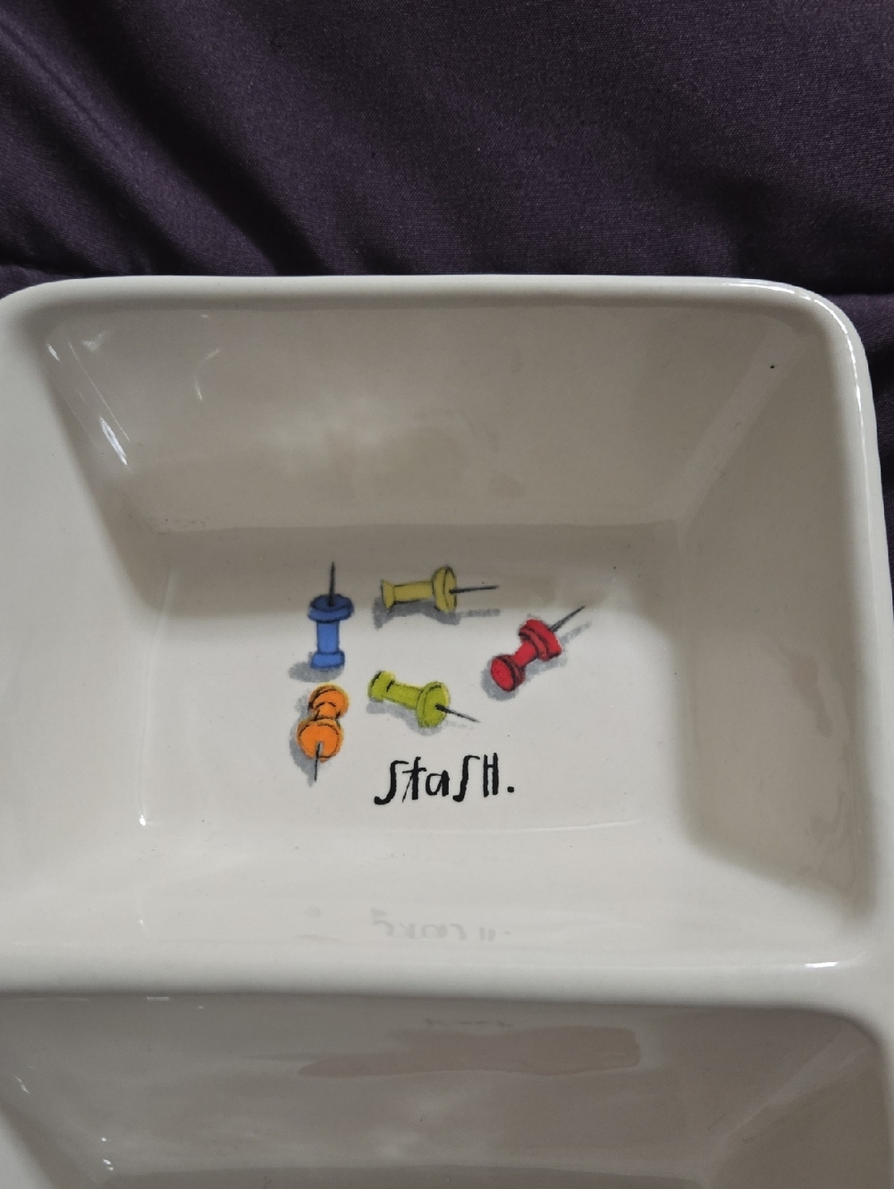 Rae Dunn Ceramic Two-Compartment Desk Tray with Pushpin and Eraser Art - Picture 2 of 4